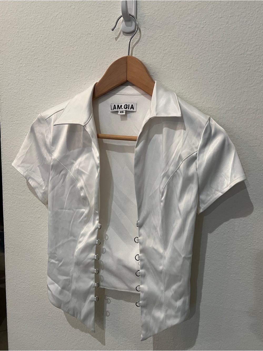 I.AM.GIA White Satin Short Sleeve Hook-Front Blouse